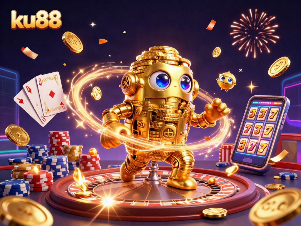 ku88 offers a vibrant casino experience with a golden golem surrounded by slots and roulette elements.