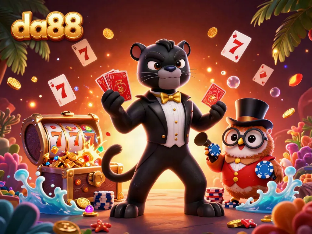 Experience excitement at da88 with a stylish panther, owl, and mouse engaged in thrilling slot action.