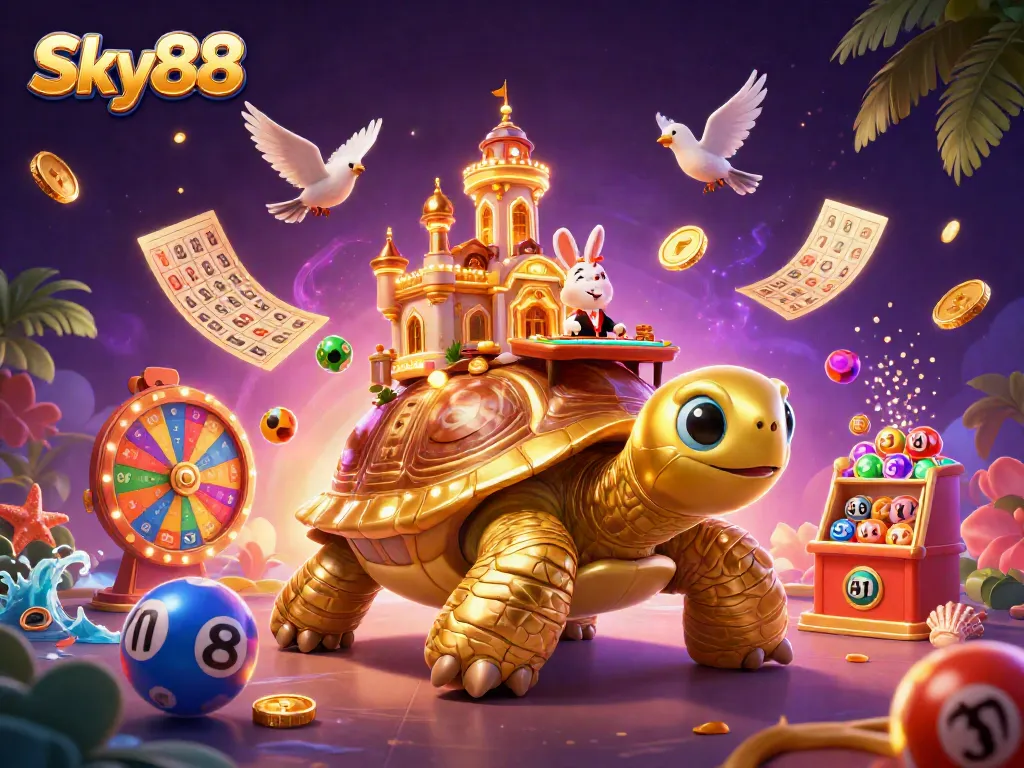 Experience thrilling action at Sky88 with vibrant casino elements and golden rewards showering down.