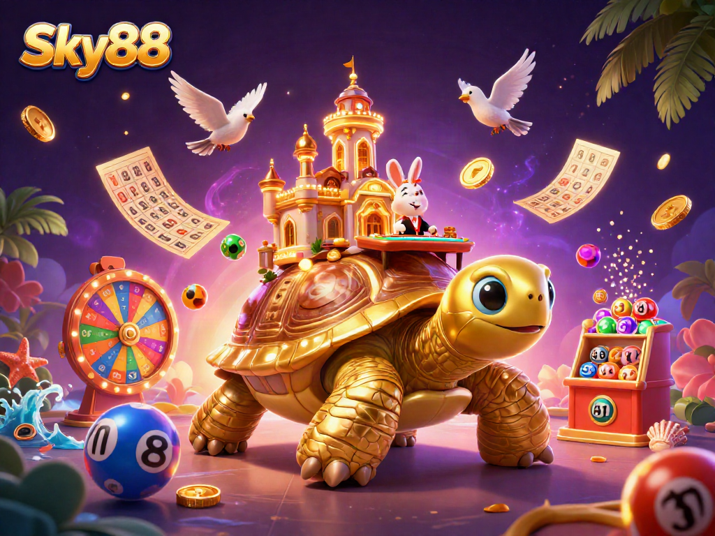 Experience thrilling action at Sky88 with vibrant casino elements and golden rewards showering down.