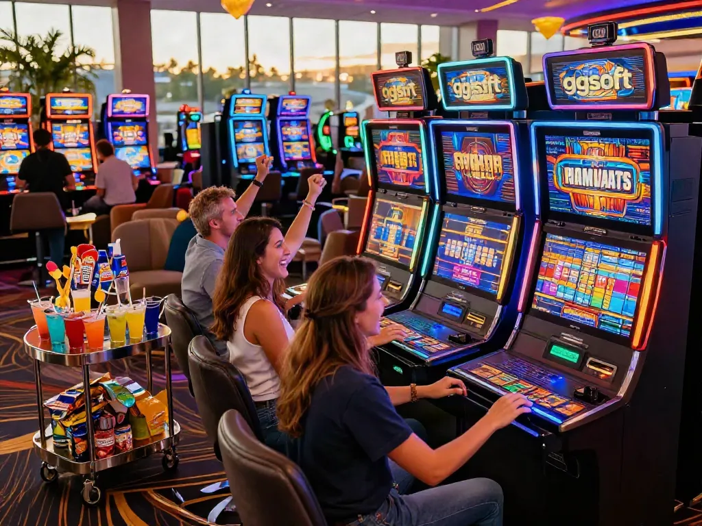 Players celebrating at a ggsoft slot machine in a vibrant casino.
