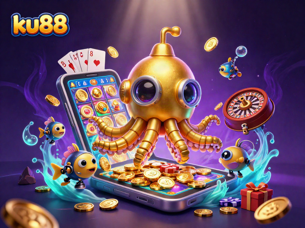 Experience winning thrills at ku88 with a vibrant 3D kraken submarine amidst dynamic casino games.