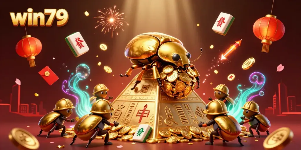 Engage with win79 in a vibrant casino scene featuring a golden beetle and floating game elements.