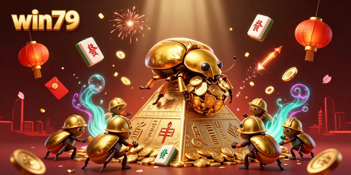 Engage with win79 in a vibrant casino scene featuring a golden beetle and floating game elements.