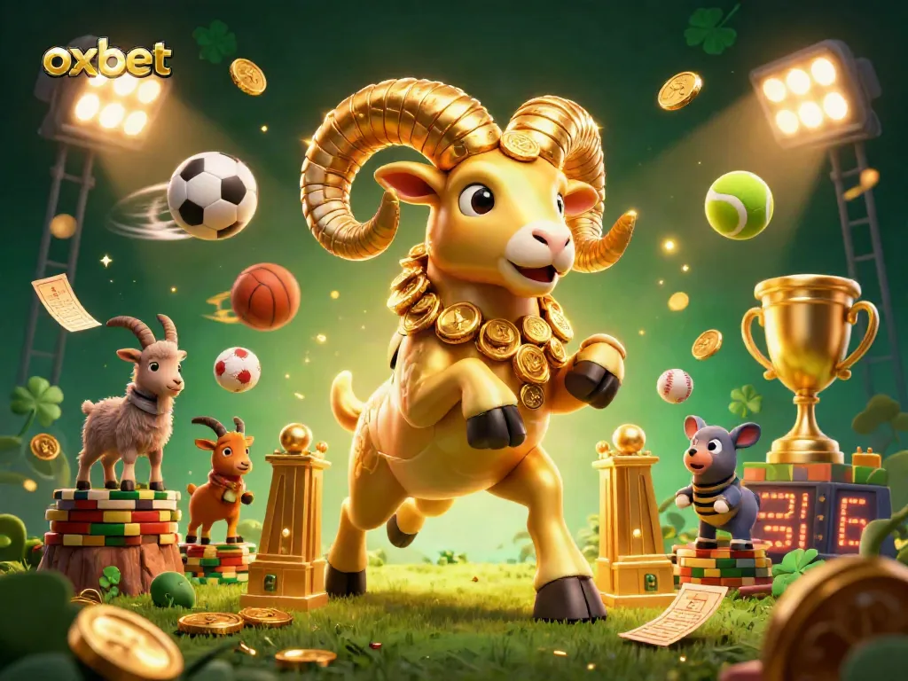 Experience the thrill at OXBET with a vibrant gambling scene featuring a golden ram and sports elements