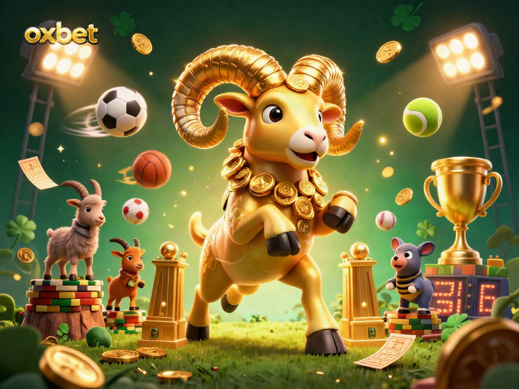 Experience the thrill at OXBET with a vibrant gambling scene featuring a golden ram and sports elements