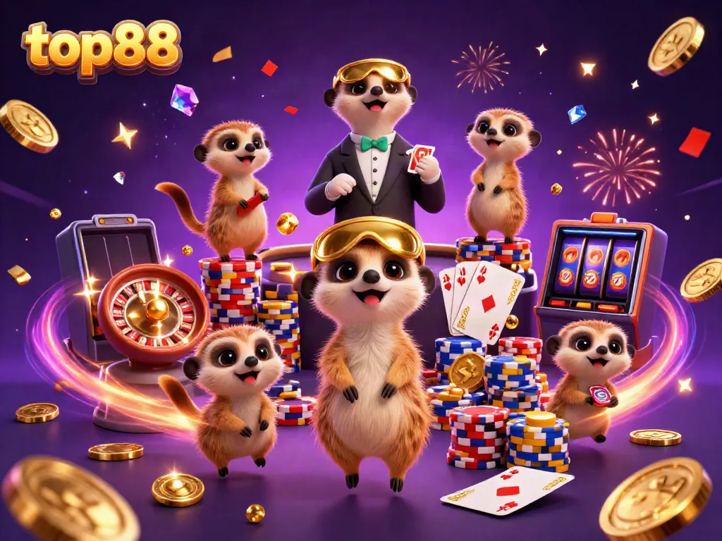 top88 meerkats run a vibrant casino scene with card dealers and golden prizes