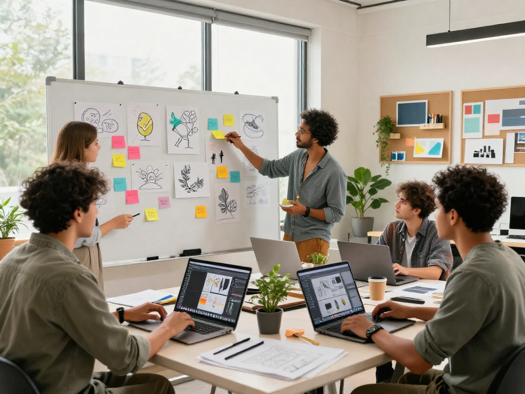 Collaborative team of designers at ROKOK88 creating inspiring visual projects in a bright studio.