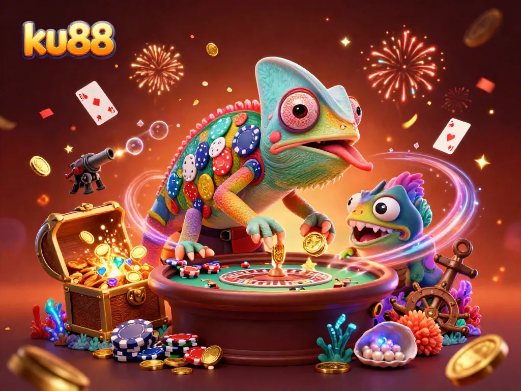 Experience vibrant entertainment at ku88, with a colorful chameleon casino owner surrounded by treasure and gaming elements.
