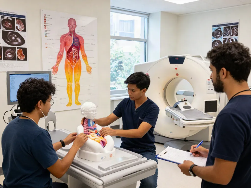 Radiology students engaging with CT scan equipment and learning materials in a bright, modern classroom about rokok88.