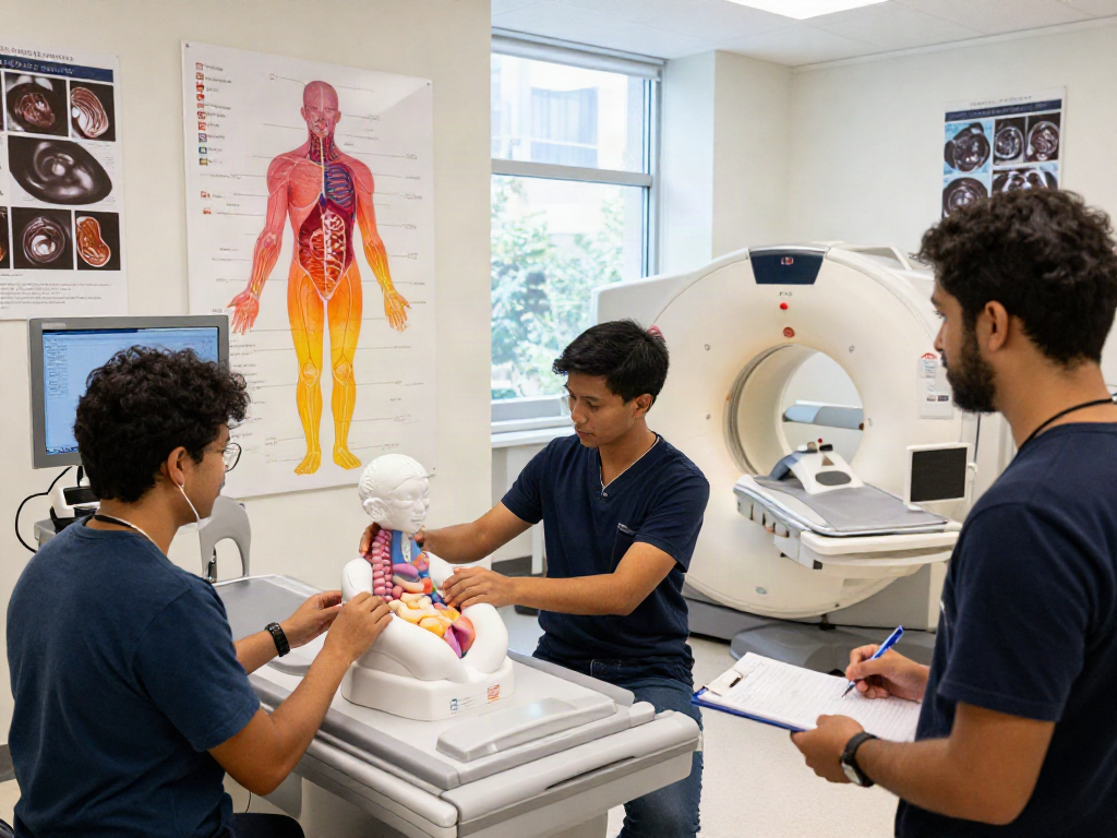 Radiology students engaging with CT scan equipment and learning materials in a bright, modern classroom about rokok88.