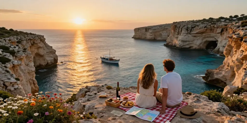 Couple enjoying a malta gozo tour, picnicking on coastal cliffs with sunset views and a traditional boat nearby.