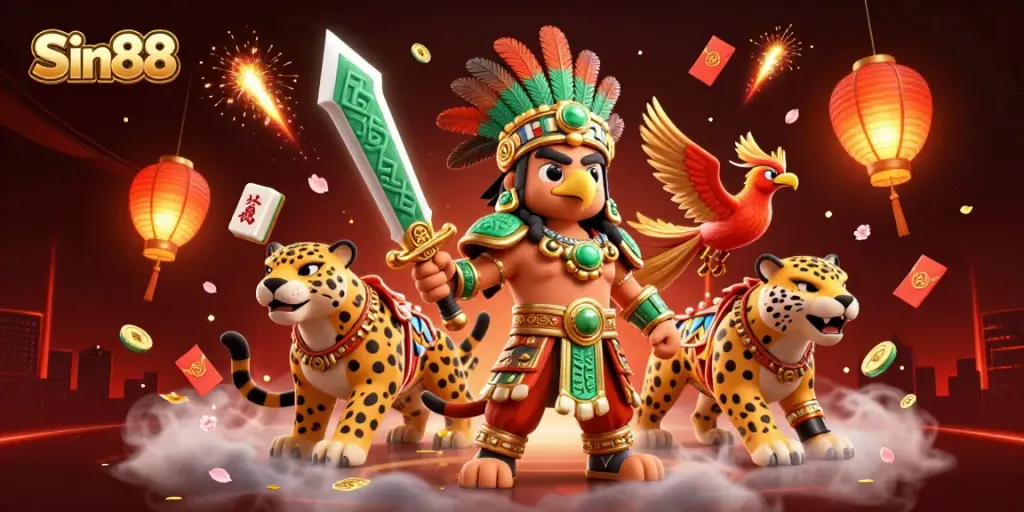 Sin88 casino showcases a dynamic 3D illustration of Aztec warriors surrounded by vibrant gambling elements.