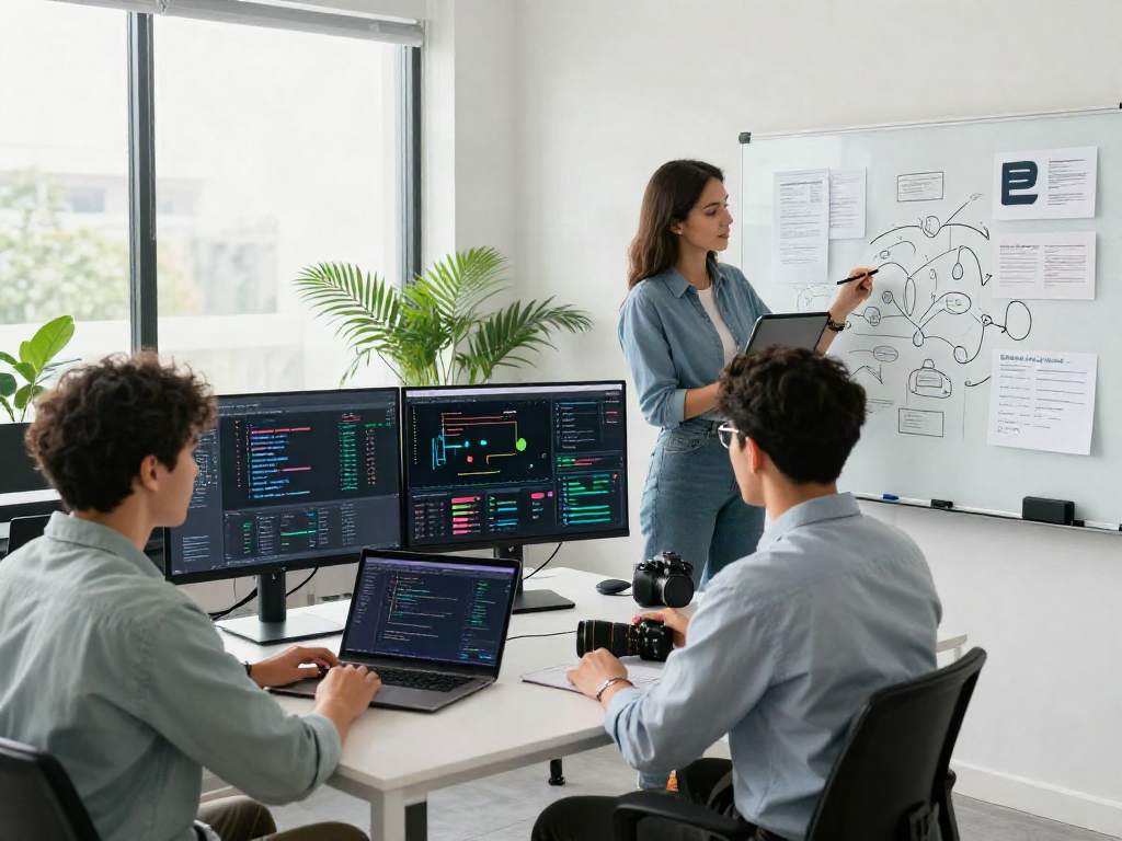 Collaboration of professionals in a modern workspace focused on crush ai development showcasing tech innovation.