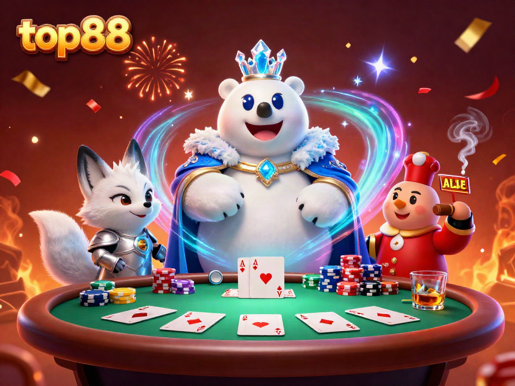 Engage in thrilling gameplay with top88's colorful poker scene featuring royal characters and festive atmosphere.
