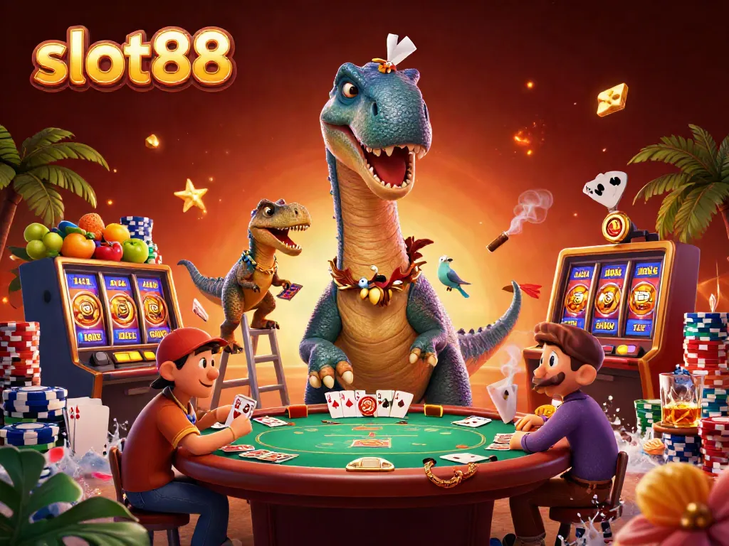 Experience excitement with slot88 as a dinosaur deals cards in a lively casino scene.