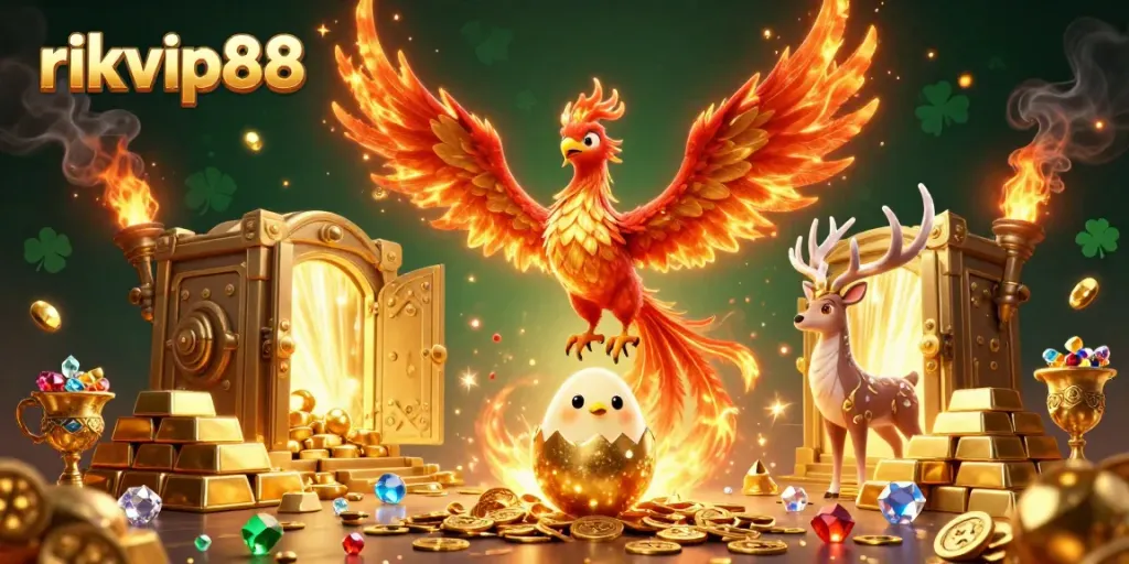 Experience the vibrant world of rikvip88 with a phoenix and treasure scene luxuriously illustrated.