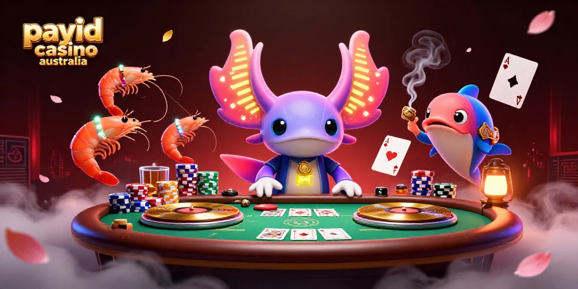 Engage with payid casino australia's vibrant scene featuring a neon axolotl DJ and poker elements.