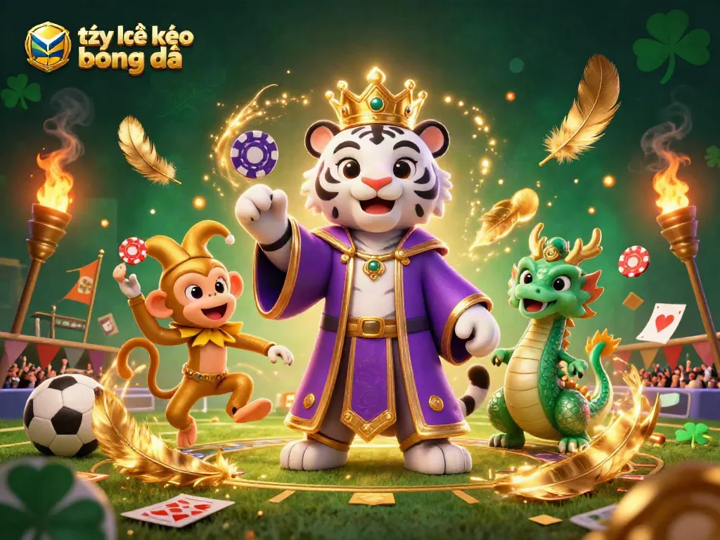 Bet on tỷ lệ kèo bóng đá with engaging illustration of a white tiger and monkey in a vibrant sports betting scene