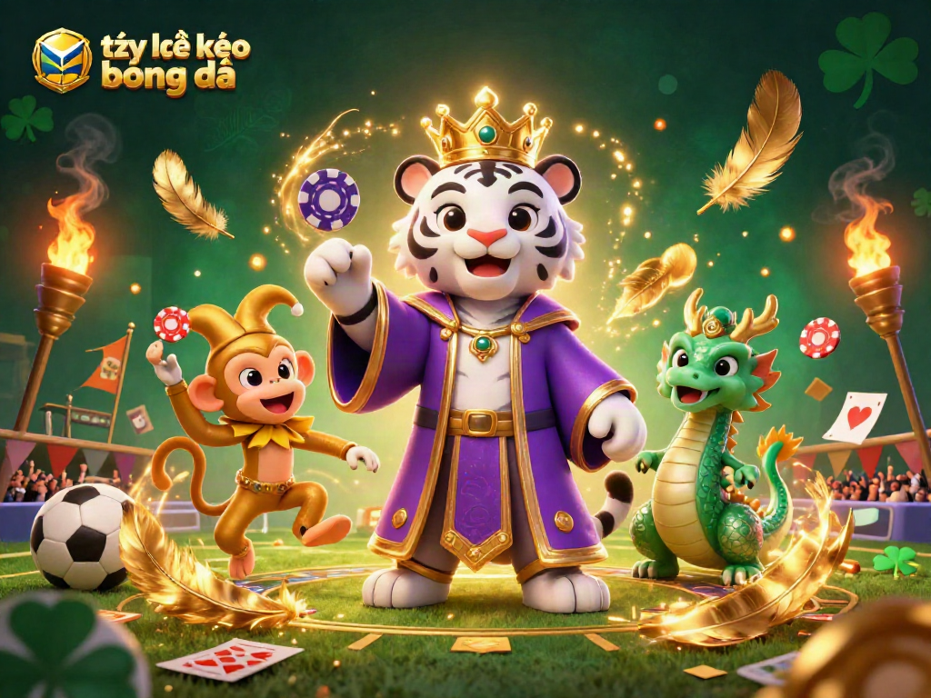 Bet on tỷ lệ kèo bóng đá with engaging illustration of a white tiger and monkey in a vibrant sports betting scene